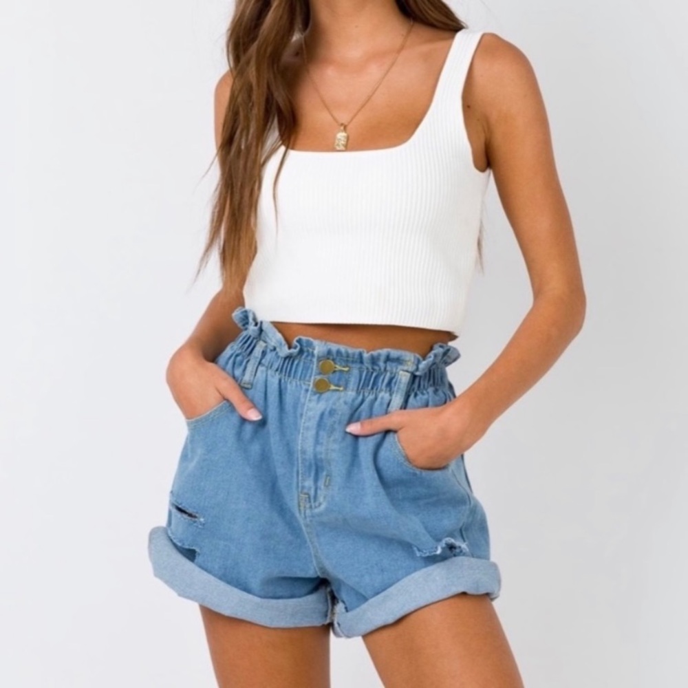 Princess Polly Open Road Paperbag Denim Shorts Blue Size 4